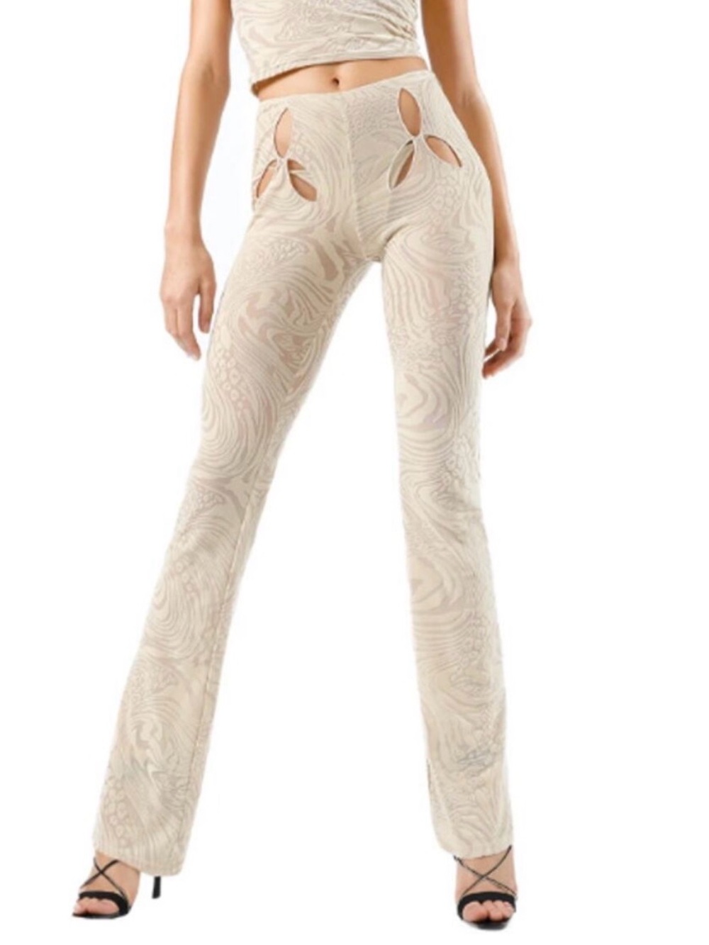 Cream High-Waist Flare Pants with Decorative Cutouts